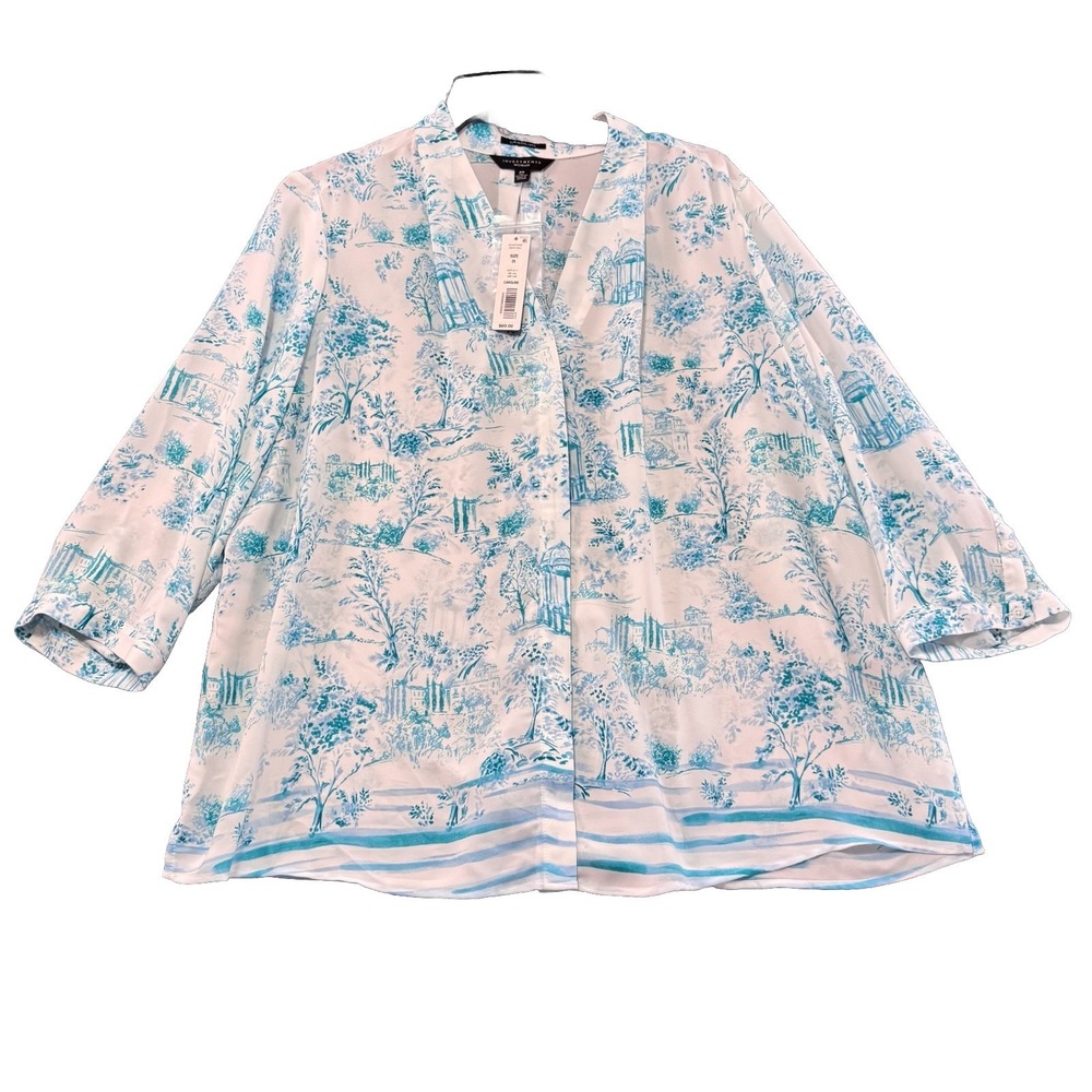 Investments Caroline Women's Blue White Toile Scenic Print Plus Sz 2X Travel NWT